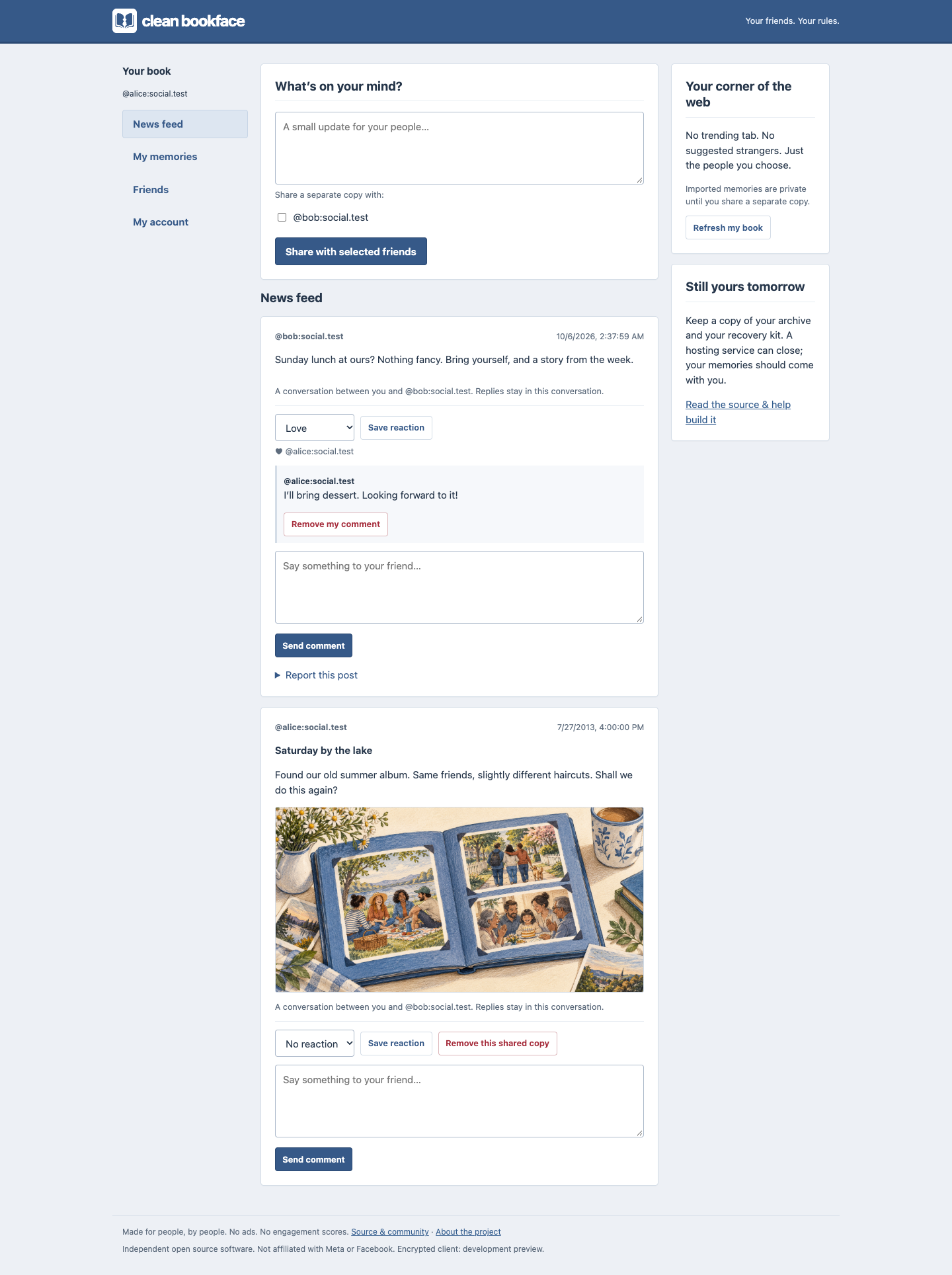 Working Clean Bookface app: blue navigation, a chronological feed, and private memories in the sidebar
